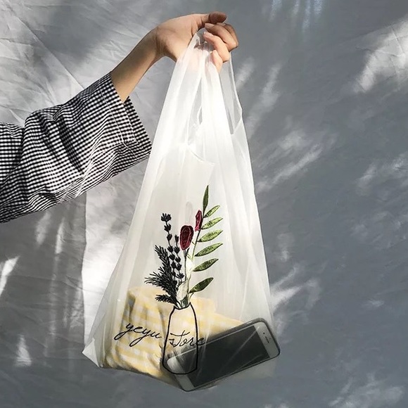 Floral mesh tote bag shoulder bag embroidery shooing bag white flower vase - Picture 2 of 5